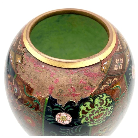 Kintsugi Antique Japanese Cloisonné Vase Meiji Era Goldstone Butterfly Floral - Picture 5 of 17